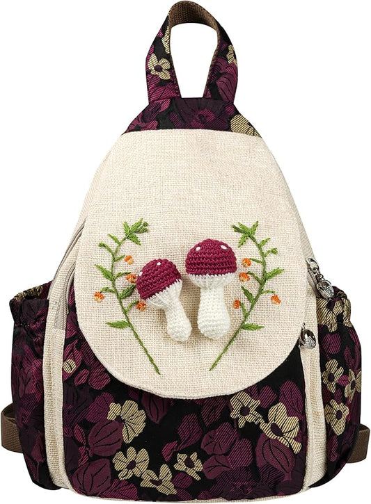 HUANGGUOSHU Bohemian Hand-Knit Mini Backpack for Women - Stylish, Functional, and Ideal for Travel, School, and Work Mushroom Backpack