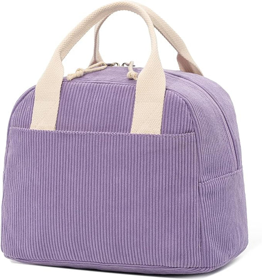 Insulated Purple Haze Lunch Bag for Women, Stylish Corduroy Tote with Aluminum Lining, Large Capacity Reusable Cooler for Work, Travel, or Beach, Beige Cream Water-Resistant Lunch Box