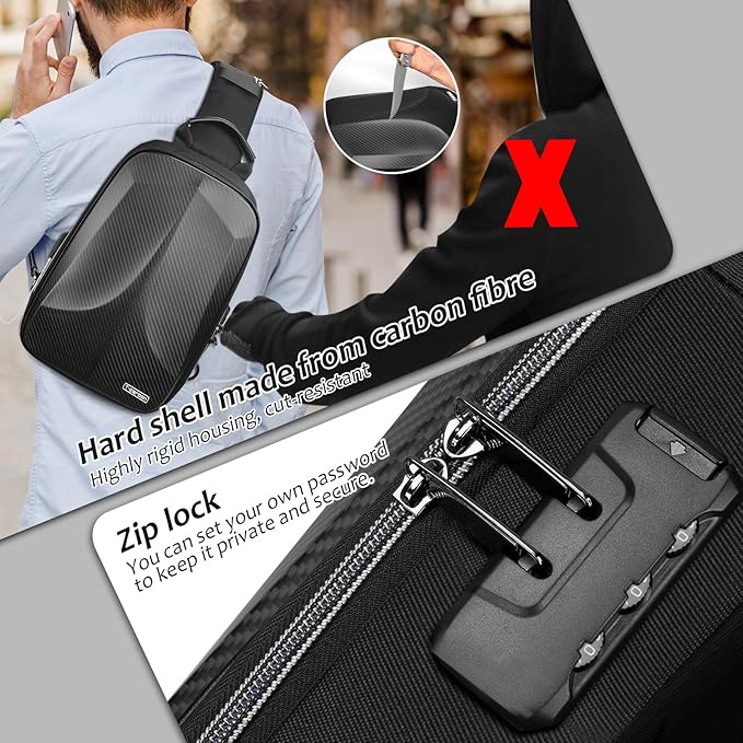 T-carbon Anti-Theft Crossbody Bag for Men,Travel Sling Bag Real Carbon fiber Hard Shell,Single Strap Backpack with USB and Reset Lock for Hiking Traveling Sporting Cycling Daily