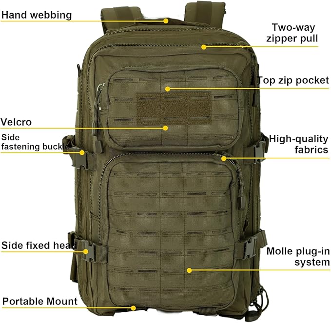 40L Tactical Backpack, Camouflage Military Bug Out Bag, Durable MOLLE Hiking Camping Gear (GREEN)
