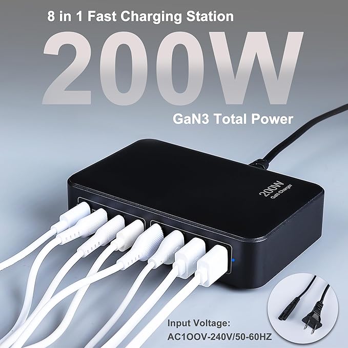 GaN 200W 8-Port USB Fast Charging Station | PD 65W Laptop & Multi-Device Adapter | Compatible with MacBook Pro/Air, iPhone 16/15/14, Galaxy S23/22 (Black)