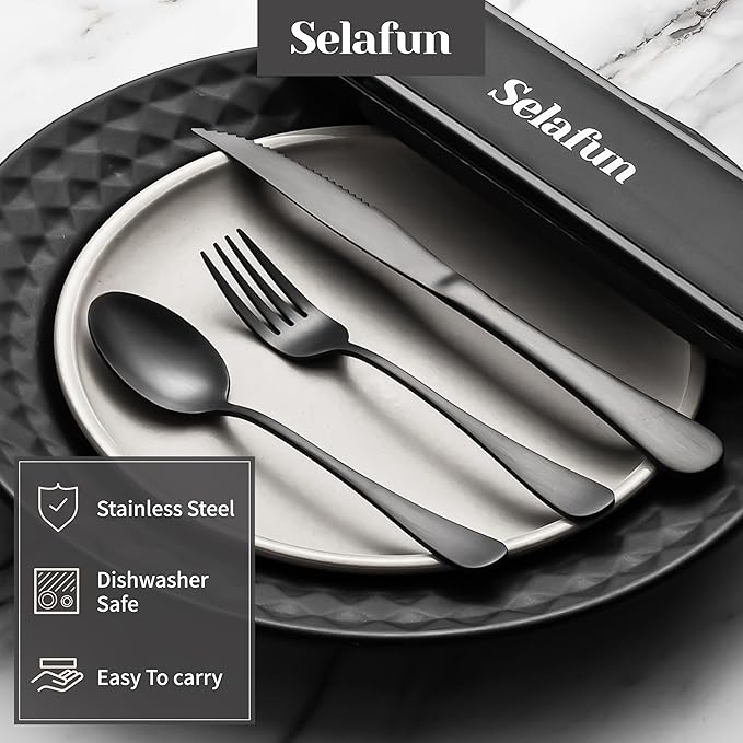 Travel Cutlery Set with Case Portable Silverware Utensils Set,5-pieces Stainless Steel Reusable Flatware Set Cutlery Set for Camping Picnic Hiking Office, Dishwasher Safe (matte black, 5.8)