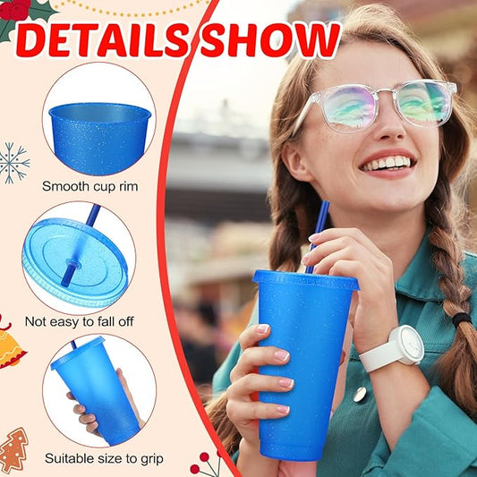 Honeydak 30 Pack Tumbler with Straw and Lid Bulk Glitter Plastic Cups Water Bottle Iced Coffee Travel Mug Reusable Party Favor Cups for Birthdays travel 24-27 oz (Primary Color)