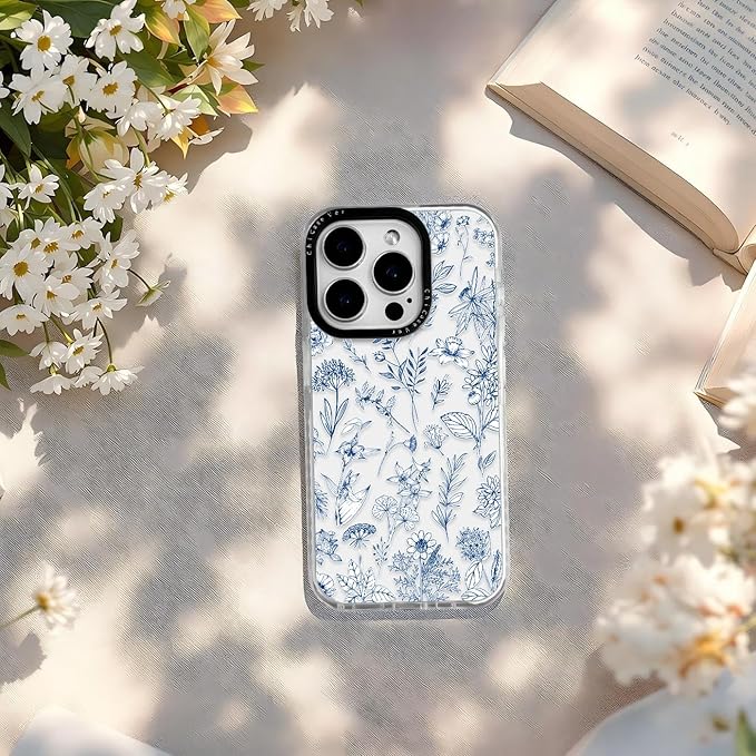 for iPhone 16 Case, Vintage Botanical Pattern with Blue Flowers, Military-Grade Drop Protection, Elegant Soft Slim TPU Protective Cover with Camera Lens Protection for Women & Girls