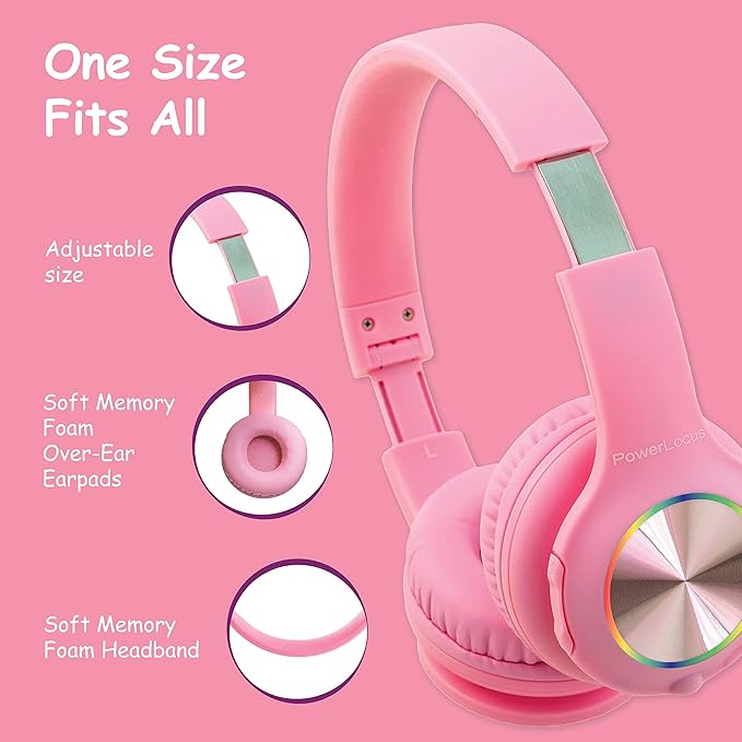 PowerLocus PLED Kids Bluetooth Headphones, Kids Wireless Headphones with LED Lights, 74/85/94dB Safe Volume, Micro SD, AUX Cable, Hi-Fi Stereo, Built-in Mic Over Ear Kid Headphone for Travel/Tablet/PC