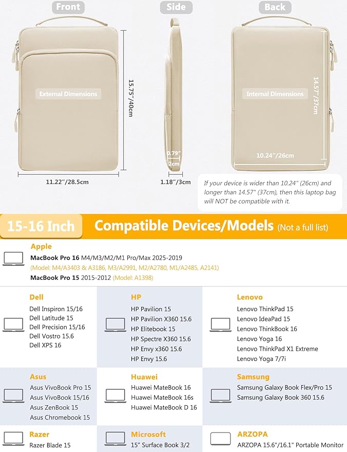 HYZUO 15-16 Inch Laptop Bag Sleeve for MacBook Pro 16 M4 M3 M2 M1 2025-2019, 15" Surface Book, Notebook Case for 15" 15.6" Dell HP Lenovo ThinkBook Asus Acer Samsung Huawei, Sand