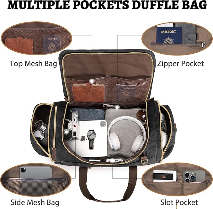 60L Duffle Bag for Men, Nomad Waxed Canvas Travel Duffel Bag Vintage Genuine Leather Travel Handbag Upgraded Weekender Overnight Backpack with Shoes Compartment (Vintage Black, X Large-60L)