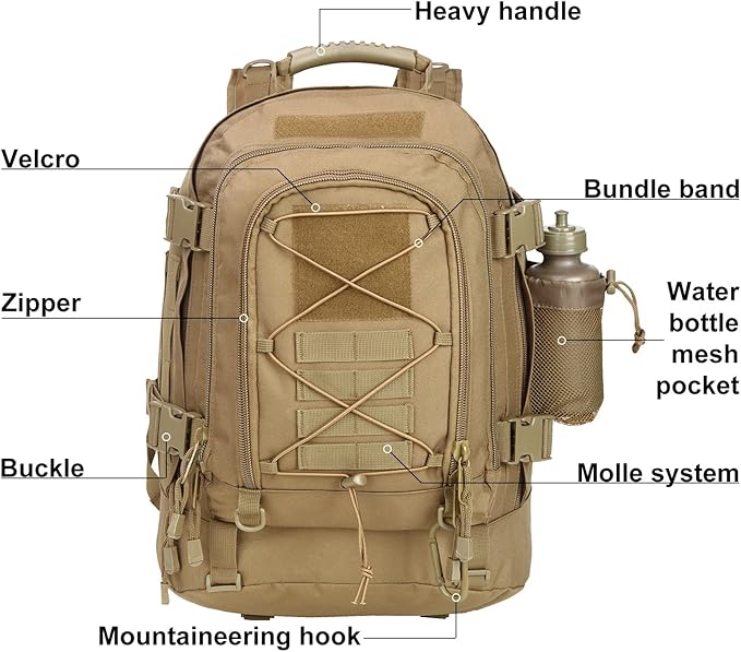 Large Tactical Backpack for Men Military Backpack with DIY System for Travel, Work,Camping,Hunting,Hiking,Sports (TAN)
