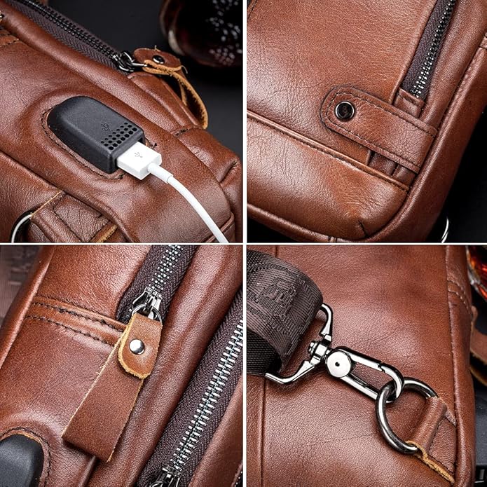 KPYWZER Vintage Leather Sling Bag Backpack for Men Crossbody Shoulder Chest Day Pack Backpacks