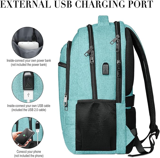 BIKROD Teal Backpack for Women and Men, Extra Large School Backpacks for Teens, Water Resistant Back Pack with USB Charging Port Fits 17 Inch Laptop, Business Anti Theft Durable Computer Bag Gifts