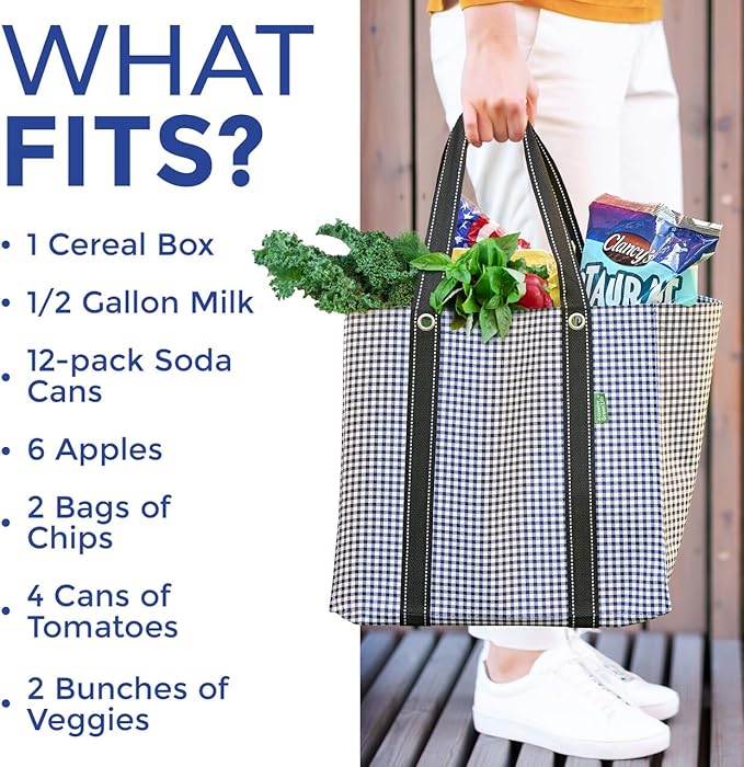 Creative Green Life 3 Pack Heavy Duty Reusable Grocery Bags with Hard Bottom & Strong Handles – Foldable, Durable, Easy to clean, Water-Resistant & Multi-Purpose (Blue Checkered)