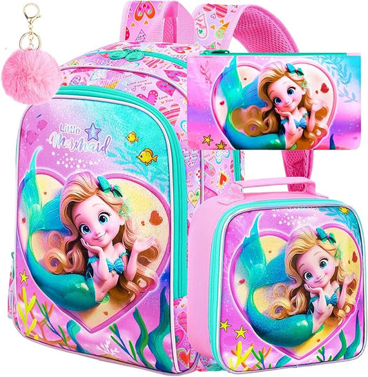 3Pcs Mermaid Backpack, 16" Kids Bookbag for Girls with Lunch Box, School Backpacks Set for Elementary Preschool Kindergarten(Pink)
