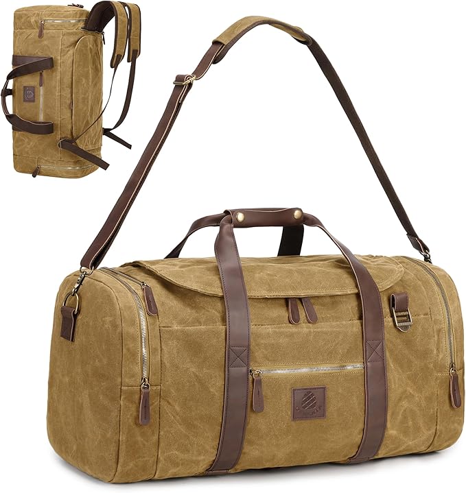 50L Duffle Bag for Men, Nomad Waxed Canvas Travel Duffel Bag Vintage Genuine Leather Travel Handbag Upgraded Weekender Overnight Backpack with Shoes Compartment (Vintage Brown)