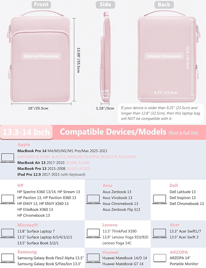 HYZUO 13.3-14 Inch Laptop Bag Sleeve for MacBook Pro 14 M4 M3 M2 M1, MacBook Air/Pro 13.3, 13.8"/13.5" Surface Laptop/Book, Notebook Case for 13" Dell Lenovo ThinkPad HP Asus Acer, Pale Pink