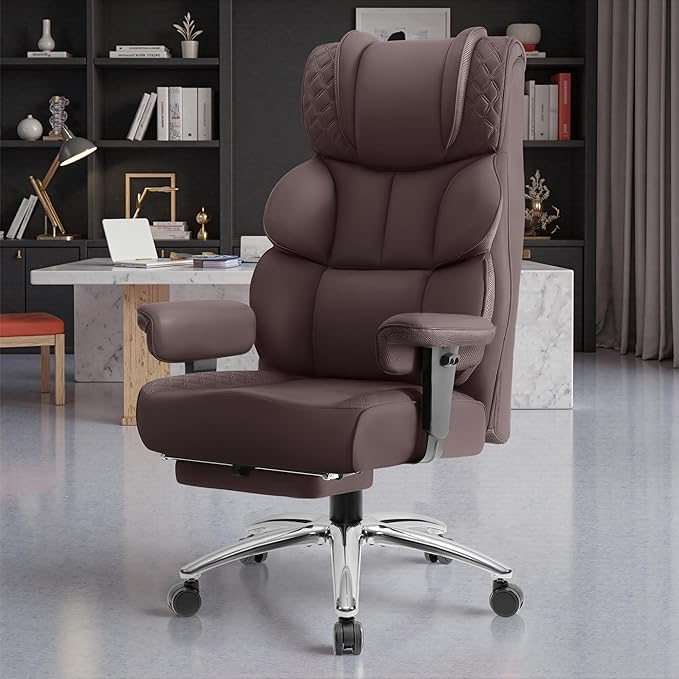 Office Desk Chair, Big and Tall Leather Gaming Chair with Footrest, Wide Ergonomic Comfy Executive High-Back Reclining Computer Chairs, Swivel Rolling Wheels and Padded Lumbar Support,Coffee