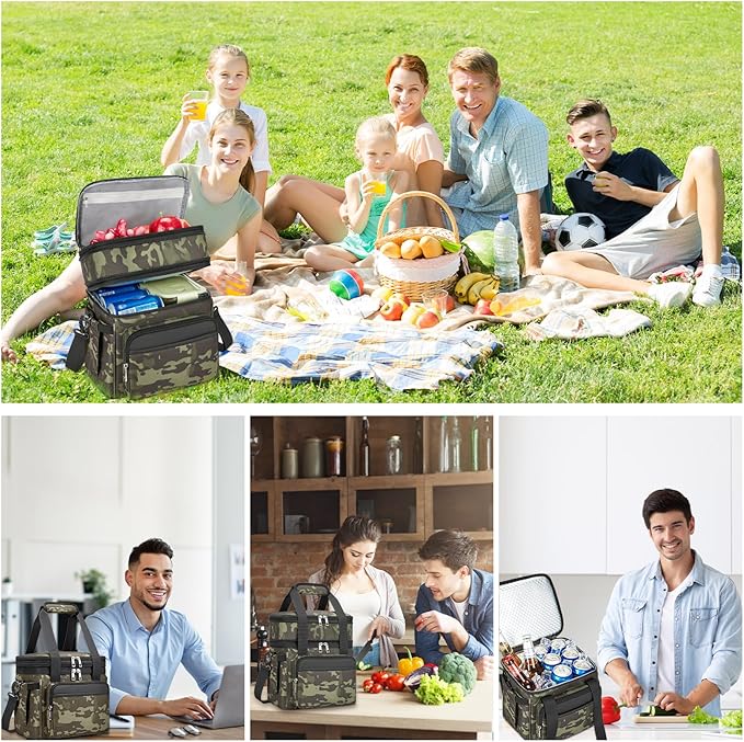 Insulated Lunch Bag & Lunch Box for Men - Double Deck Reusable Lunch Bag for Women Tote Cooler Bag Leakproof Soft Expandable - Extra Large Lunchbox for Work/Adult/Picnic/Outdoor (Camo，22L)