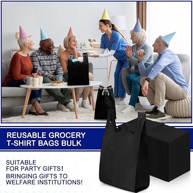Windyun Large Grocery T-shirt Bags Bulk Reusable Non Woven Shopping Bag Foldable Gift Tote with Handle, 21x11x6 Inch