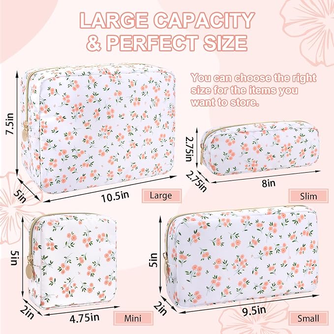 Waterproof Small Floral Makeup Bag Pouch for Purse,Nylon Flower Cosmetic Bag Preppy Travel Toiletry Storage Bag for Women Girl,Cute Makeup Organizer Bag Skincare Bag with Zipper(Small White-Flowers)