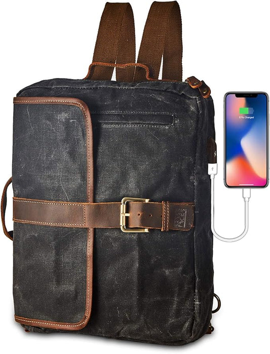 Vintage Waterproof Waxed Canvas Convertible Laptop Messenger Backpack Rucksack For Men Women