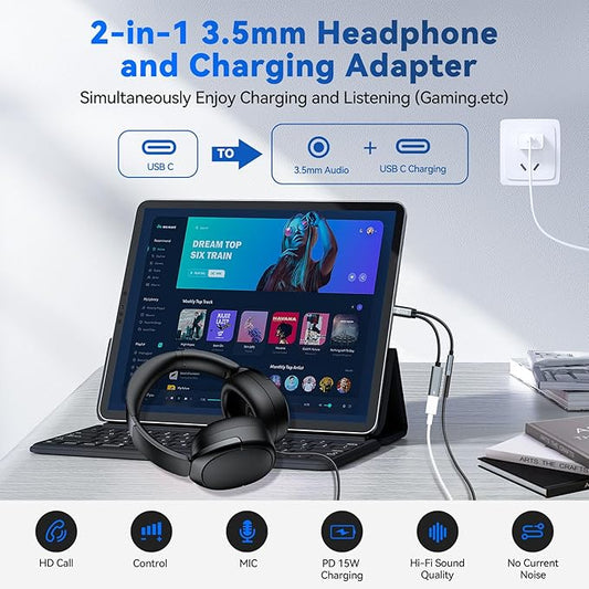 USB Type C to 3.5mm Headphone and Charger Adapter,2 in 1 USB C to Aux Audio Jack Hi-Res DAC with Charging for Earphones,Compatible with Samsung Galaxy S25/S24/S23/S22+(USB-3.5MM, 5Pack)