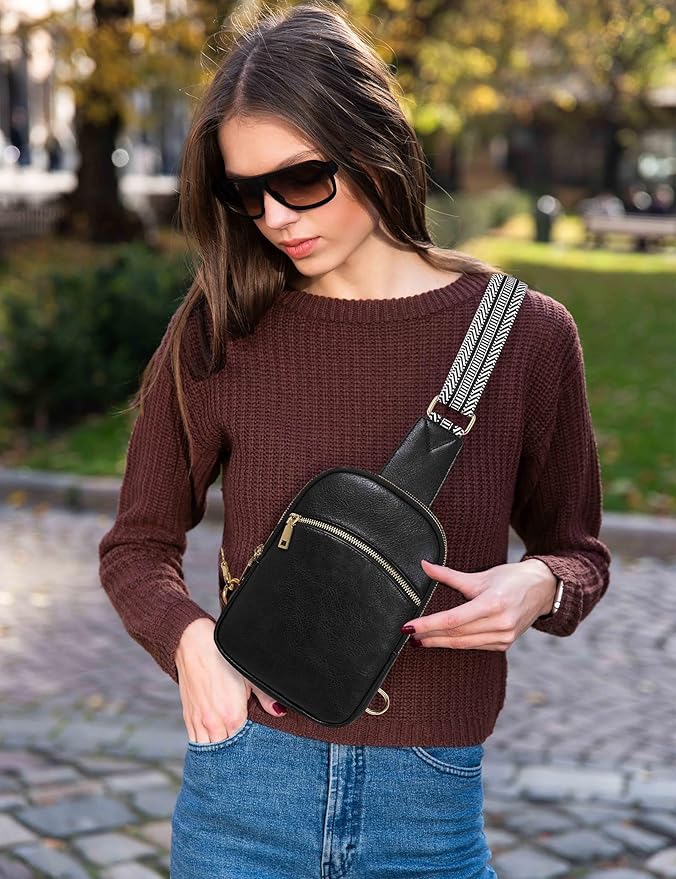 Yarnic Small Sling Bag for Women Men, Anti Theft RFID Cross body Purses,Vegan Pu Leather Chest Bag with Adjustable Strap for Travel Work (Black)