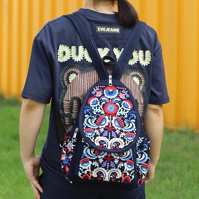SILKAREA Vintage Embroidered Floral Ethnic Backpack for Women Handbag Shoulder Bag Mini Travel Purse (Embroidered Blue)