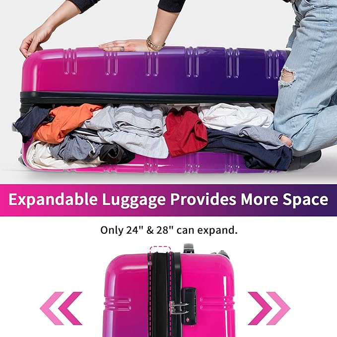 Merax Luggage Sets 3 Piece, Hardside Expandable Suitcase Set with Spinner Wheels, Lightweight Gradient Color Luggage 20+24+28 IN, Purple and Pink