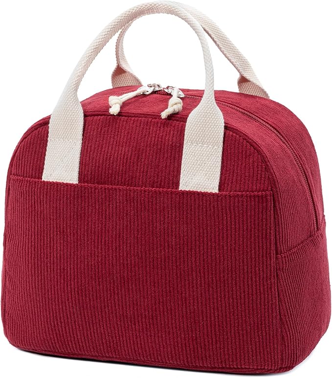 Insulated Lunch Bag for Women Men, Stylish Corduroy Tote Bag with Aluminum Lining, Large Capacity Reusable Cooler for Work, Travel, or Beach, Wine Red Lunch Box