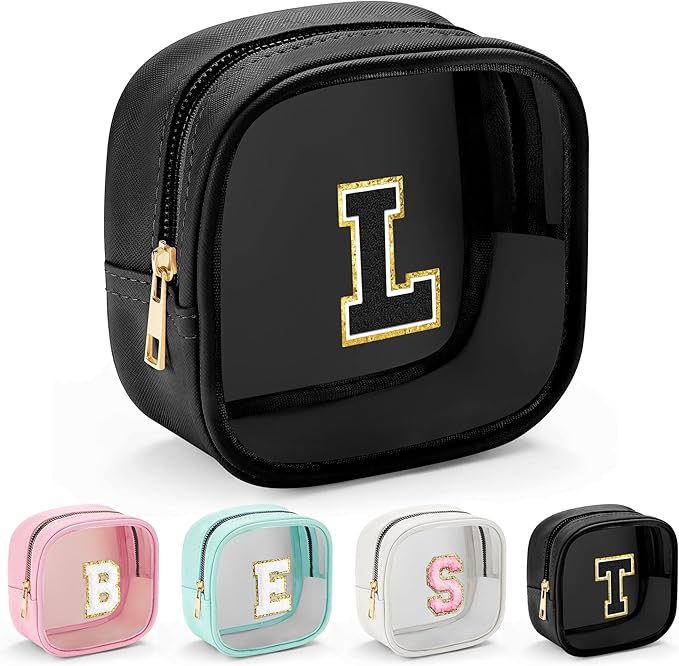 YOOLIFE Initial Makeup Bag Travel Toiletry Bag, Clear Makeup Bag Car Accessories For Women Clear Makeup Bags With Zipper Girlfriend Teacher 13 Year Old Girl Gifts Daughter Girl Gifts Mini Black L