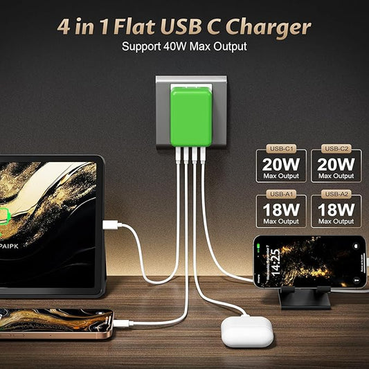 2Pack Slim Flat USB C Charger 40W Foldable Fast Charging Block 4Ports USB C Charger Block Cube Box Compatible with iPhone 16 Samsung, Pixel, Tablets, Multiport Power Adapter Plug Brick Christmas Green