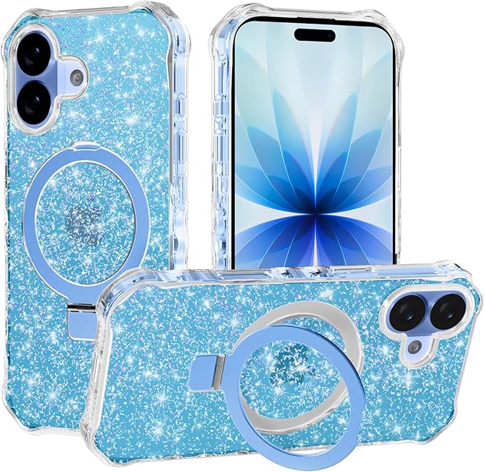 Magnetic for iPhone 17 Case with Invisible Stand, Compatible with MagSafe, Clear Bling Sparkle Shockproof Slim Anti-Slip Military Drop Protection Hard Phone Case 6.3" Glitter Blue
