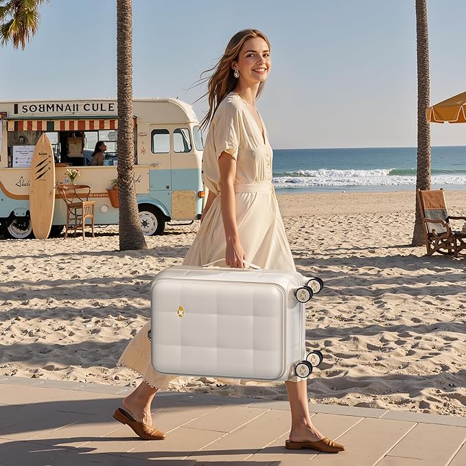 MGB 20 Inch Expandable Carry On Luggage with Wheels PC Hard Shell Suitcase Top Opening Travel Luggage Suitcases for Woman Men Gifts (Cream)