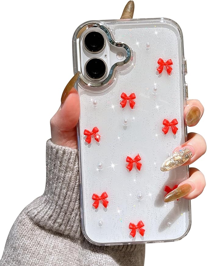 EYZUTAK Case for iPhone 16 Plus, Bling Glitter 3D Bowknot Phone Case Cute Sparkly Crystal Clear Bow Aesthetic Design Case Slim Soft Durable TPU Transparent Protective Cover for Women Girl - Red Bow