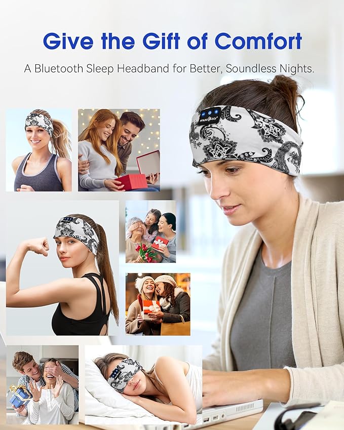 MUSICOZY Sleep Headphones Bluetooth Headband 5.4 Wireless Headband Headphones for Sleeping for Side Sleeper with Ultra-Thin HD Stero Speaker for Workout (White Flower)