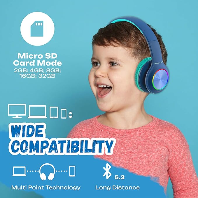 PowerLocus PLED Kids Bluetooth Headphones, Kids Wireless Headphones with LED Lights, 74/85/94dB Safe Volume, Micro SD, AUX Cable, Hi-Fi Stereo, Built-in Mic Over Ear Kid Headphone for Travel/Tablet/PC