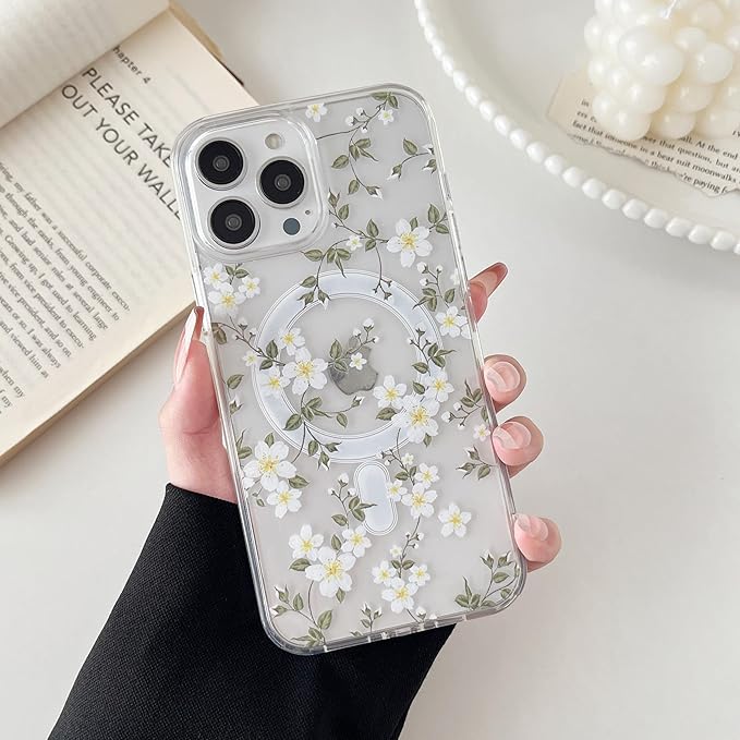 ZTOFERA for iPhone 14 Pro Max Magnetic Case Compatible with Magsafe,Aesthetic Floral Pattern Design Cute for Girl Women,Anti-Drop Protective Hard Phone Cover for iPhone 14 Pro Max-Big White Flower
