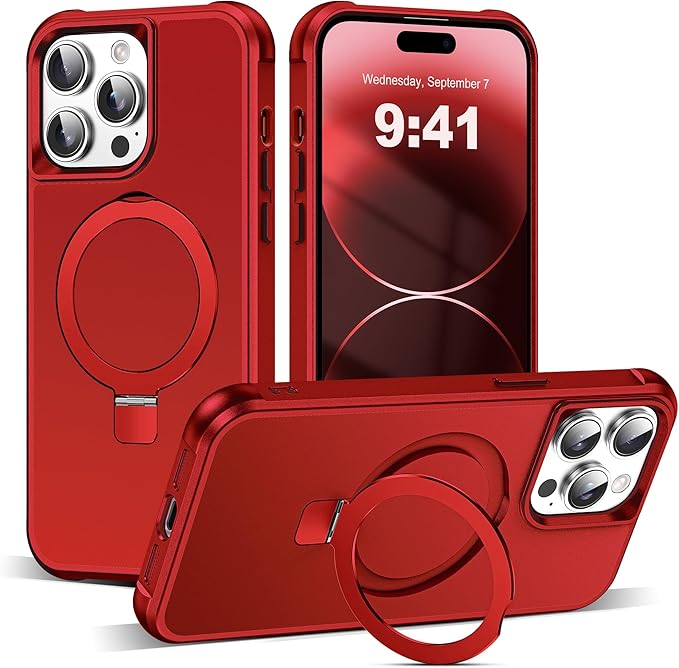 Compatible with iPhone 14 Pro Max Case with Invisible Magnetic O-Ring Stand Military-Grade Case for iPhone 14 ProMax 6.7" [Compatible with Mag-Safe][Great Grip Feeling], Red