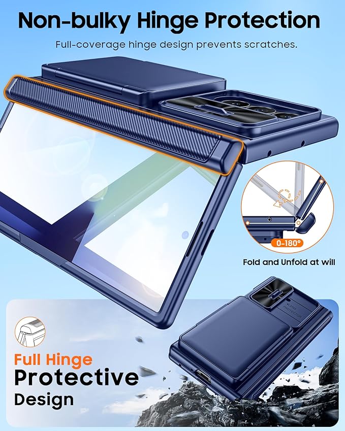 CENMASO for Samsung Galaxy Z Fold 7 Case with Card Holder [RFID Blocking] Camera Cover, Hinge Protection, Hidden Kickstand, Screen Protector, Slim Shockproof Phone Case for Galaxy Z Fold 7-Blue