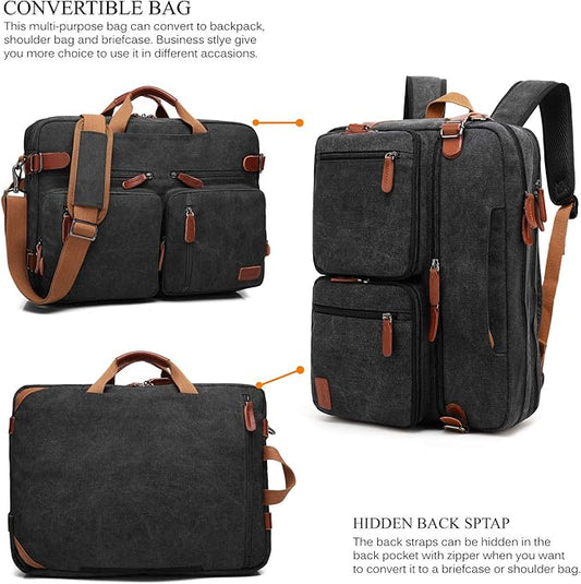 15.6Inches Convertible Backpack Messenger Shoulder bag Laptop Case Handbag Business Briefcase Multi-functional Travel Rucksack Fits 15.6 Inch Laptop For Men/Women (Cancas Black)
