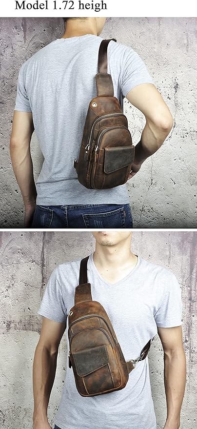 Le'aokuu Men Outdoor Casual Travel Hiking Tea Crossbody Chest Sling Bag Rig One Shoulder Strap Bag Backpack Men Leather
