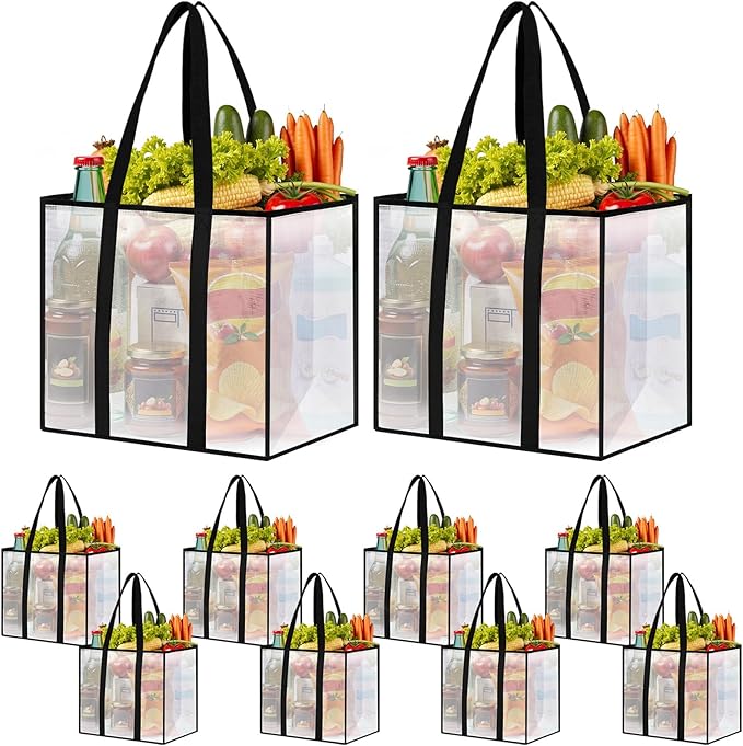 10 Pack Reusable Grocery Bags, Heavy-Duty Shopping Bags with Sturdy Handles, Water-Resistant & Foldable Organizer, Shopping Bags for Groceries, Market, Car Trunk, Multi-Purpose, 42L