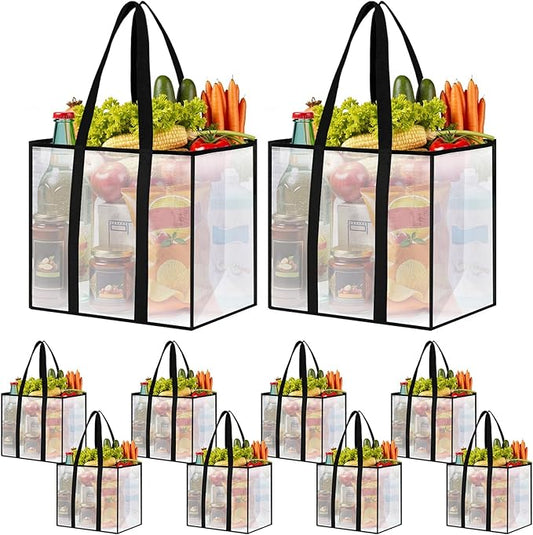10 Pack Reusable Grocery Bags, Heavy-Duty Shopping Bags with Sturdy Handles, Water-Resistant & Foldable Organizer, Shopping Bags for Groceries, Market, Car Trunk, Multi-Purpose, 42L