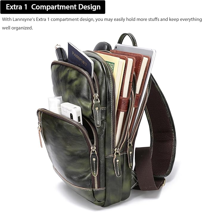 LANNSYNE Full Grain Leather Sling Bag For Men, Crossbody Bag fits 12.9" iPad Crossbody Chest Daypack