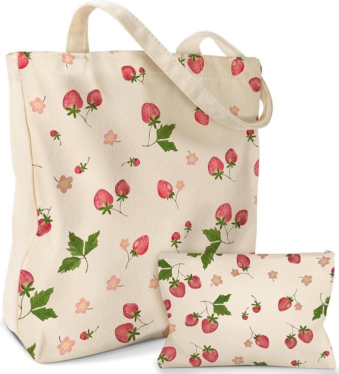 2 Pack Canvas Tote Bag - with Makeup Pouch Aesthetic Cute Women Reusable Canvas Bag for Shopping, Work, Travel