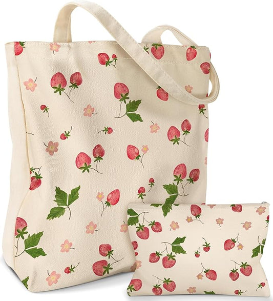 2 Pack Canvas Tote Bag - with Makeup Pouch Aesthetic Cute Women Reusable Canvas Bag for Shopping, Work, Travel
