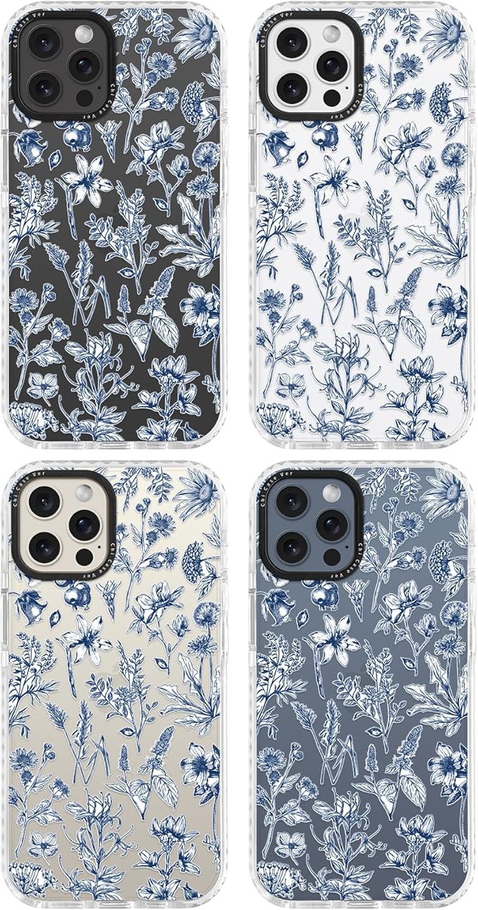 for iPhone 15 Pro Case, Vintage Botanical Pattern with Blue Flowers, Military-Grade Drop Protection, Cute Soft Slim TPU Protective Cover with Camera Lens Protection for Women & Girls