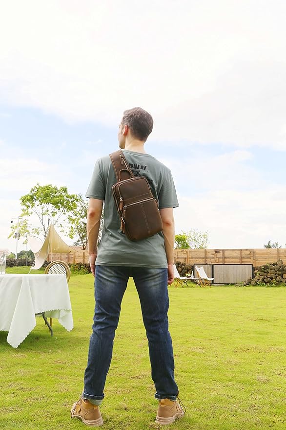 Vintage Full Grain Leather Sling Bag for Men, Crossbody Shoulder Chest Travel Hiking Daypacks Bag for 11 inch iPad, Brown