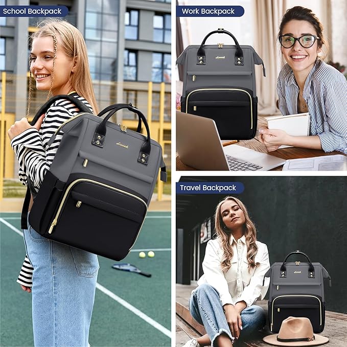 LOVEVOOK Leather Backpack for Women,15.6 inch Leather Laptop Backpacks Women,Professional Work Backpacks Nurse College Teacher Bag,Womens Laptop Bag Computer Travel Backpack Purse,Smoky Gray-Black