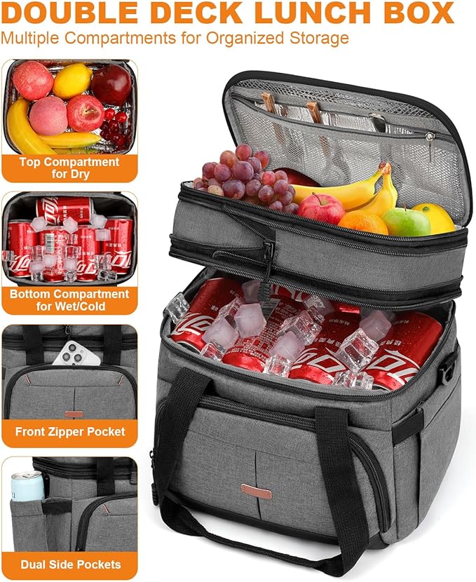 Lunch Box for Men Women Double Deck Insulated Lunch Bag for Men Woman Leakproof Expandable Cooler Bag with Adjustable Shoulder Strap for Work Picnic School(Gray‌,16L)