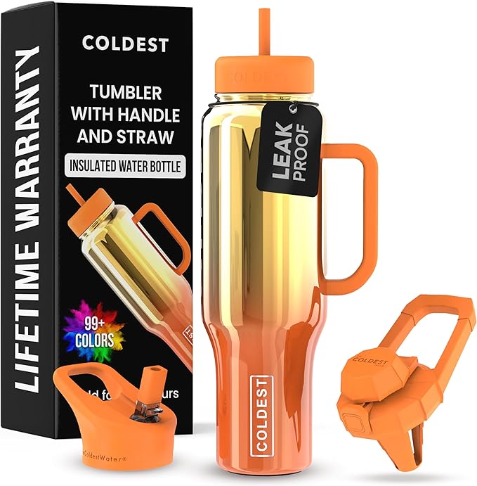 Coldest Tumbler with Handle and Straw - 100% Spill Proof Tumbler with Straw (3 Lids) - Stainless Steel Insulated Leakproof Tumblers for Women & Men - Cup Holder Friendly - 46 oz (Sunset Nova)